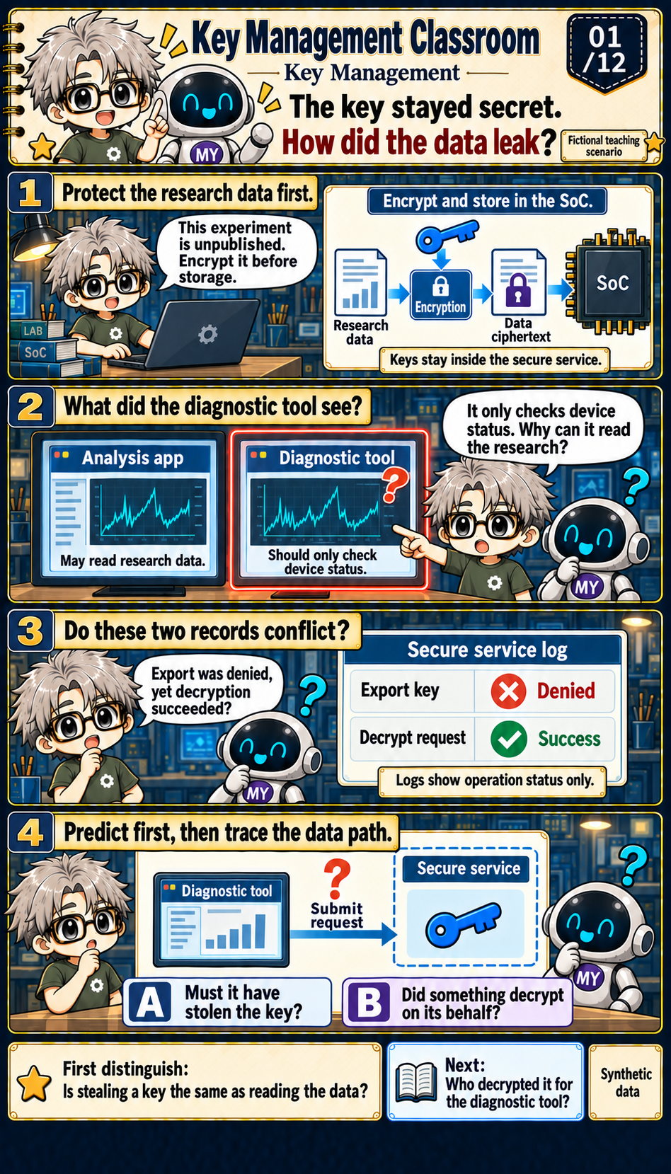 The diagnostic tool displays research data even though key export was denied; a separate decryption request succeeded.