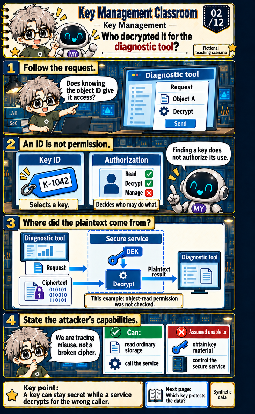 An object identifier selects a resource, while a separate policy decides whether the caller may use it. The DEK stays inside the service as plaintext is returned.