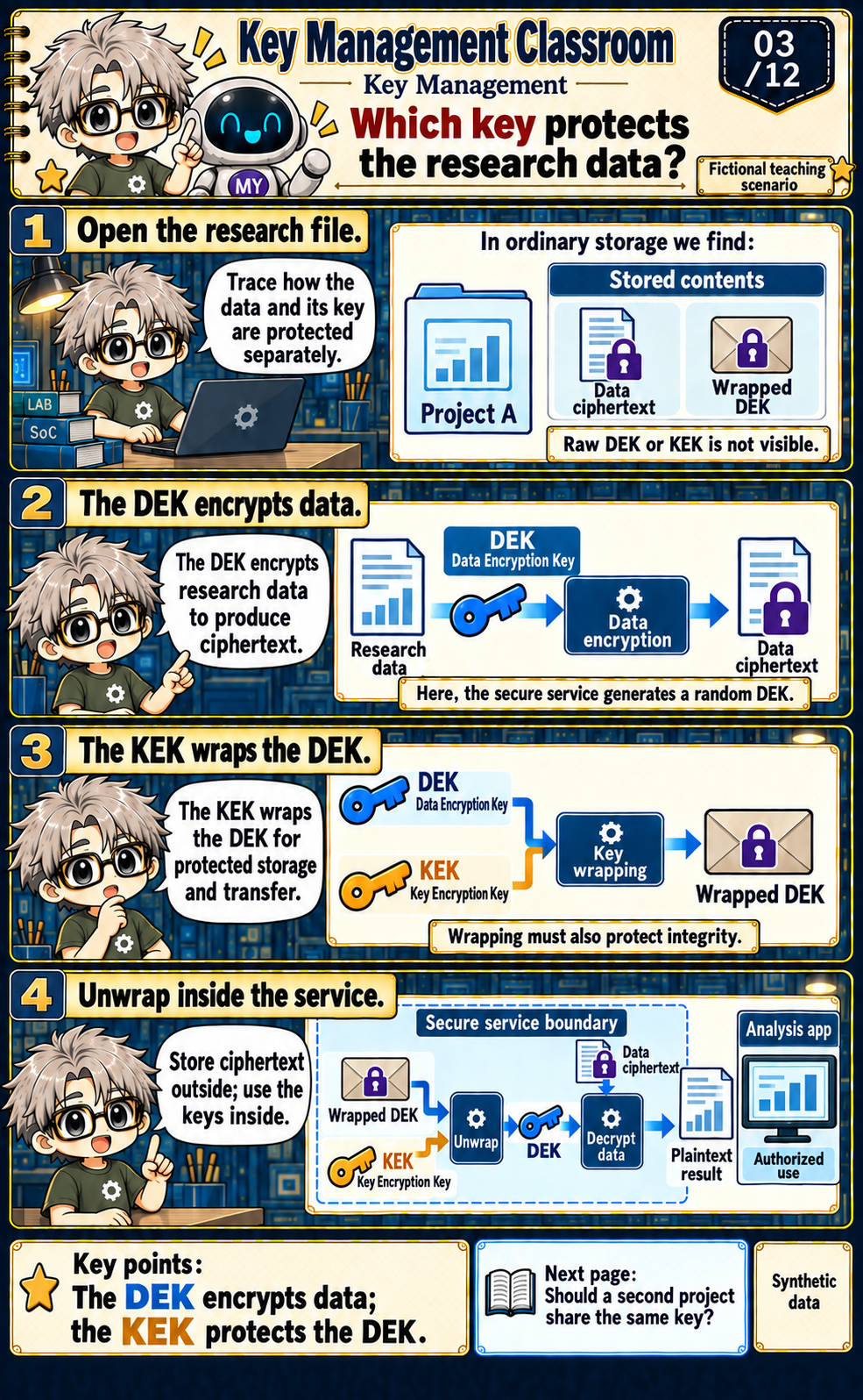 The DEK encrypts research data; the KEK wraps the DEK. Reading reverses the wrapping and data-encryption operations inside the service.