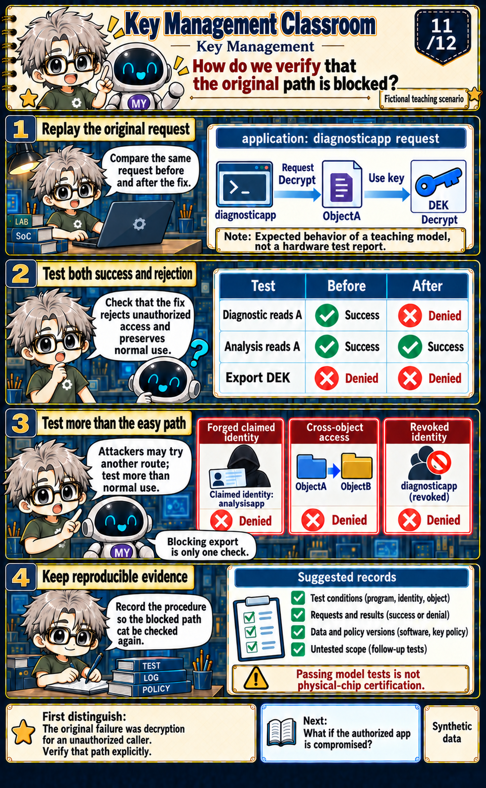 Before-and-after expectations keep legitimate analysis working, deny the diagnostic read, and test forged identity, cross-object access, and revocation.
