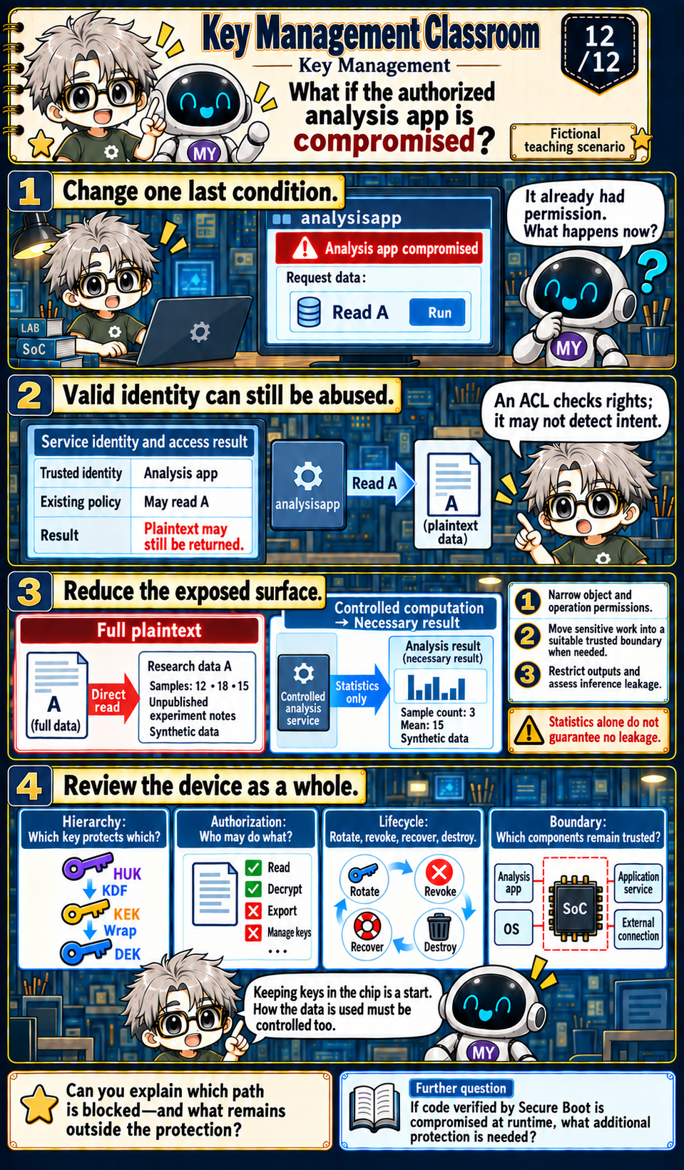 A compromised analysis app retains its existing identity and permissions. The alternative design narrows operations and plaintext outputs within an appropriate trusted boundary.