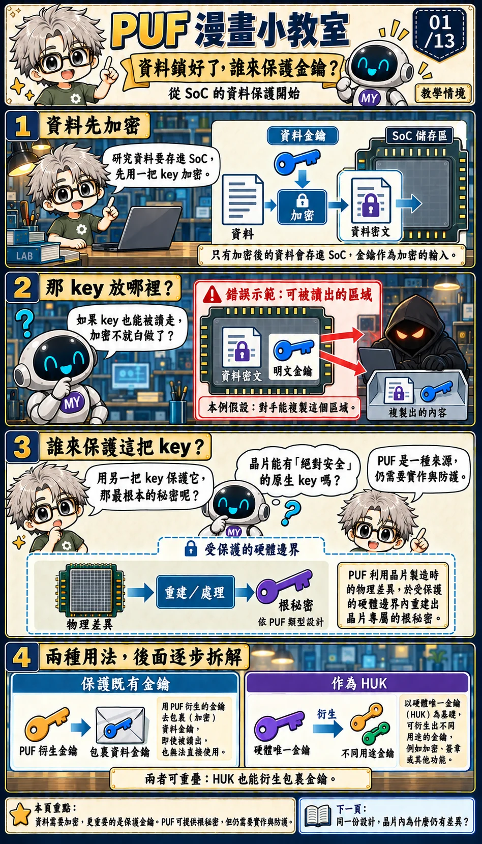先用 DEK 加密資料,再問誰保護 DEK;PUF 衍生 KEK 與 PUF 支援 HUK 是可銜接的兩種觀點。