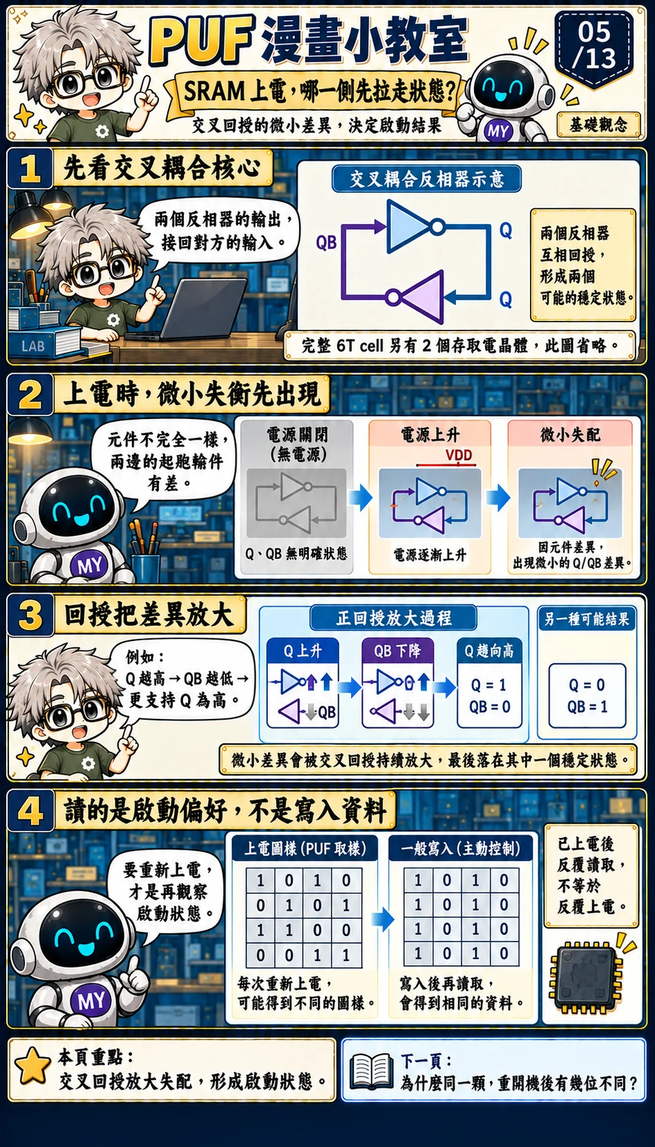 交叉耦合反相器把小失衡放大;上電偏好與正常寫入資料不同。