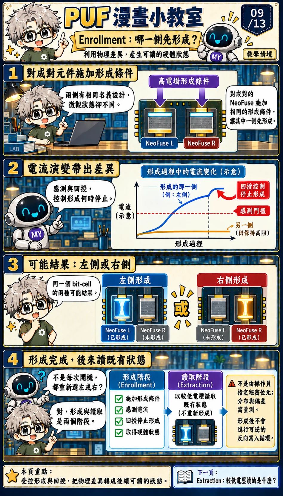 成對元件中較早形成的一側觸發停止;這是公開機制的概念示意。