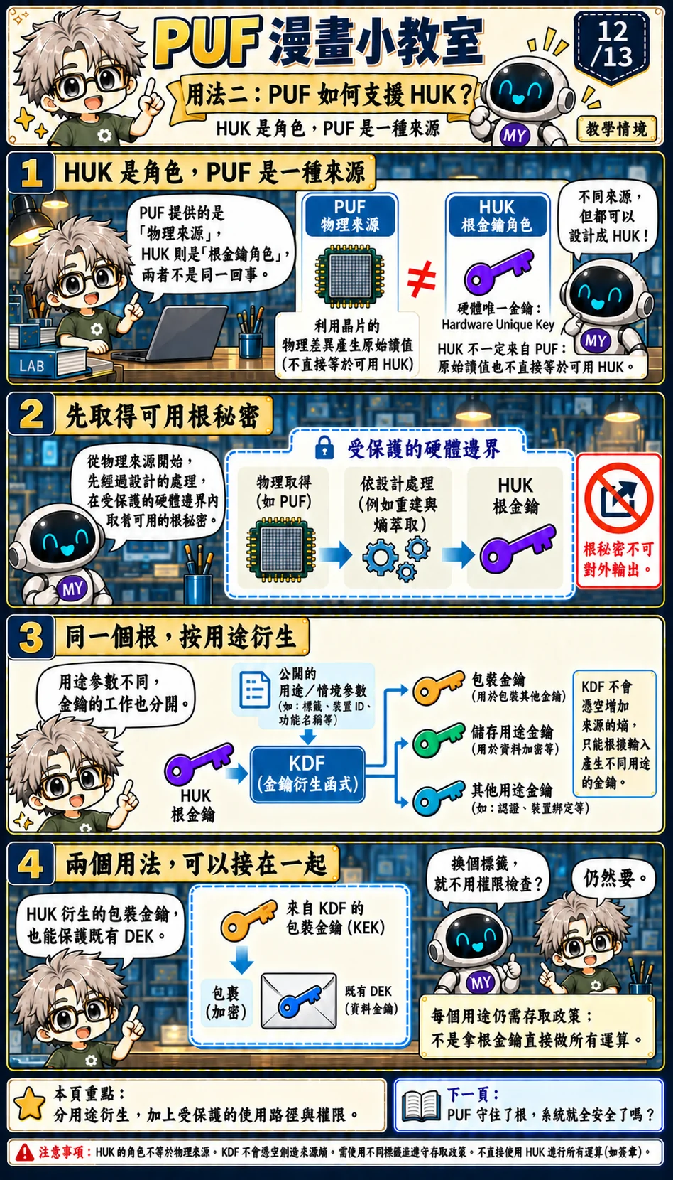 HUK 表示根金鑰角色;KDF 用不同 context 分離用途,封裝用 KEK 可由此導出。